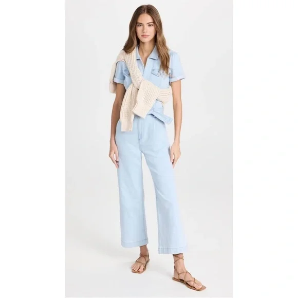 PAIGE ANESSA Short Sleeve Denim JUMPSUIT withBELT in “Kokomo” light wash
